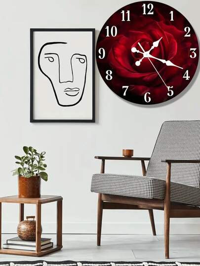 1 Stück 25-30 cm Holzuhr mit roten Rosen auf schwarzem Hintergrund, leise ohne Ticken, batteriebetrieben, einfach abzulesen, perfekt für Studenten, Büros, Schulen und Zuhause. Dekorative Uhr. Wohndekoration.