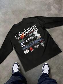 Men's Casual Long Sleeve TShirt With Flame Rose Graphic Print, Stylish & Comfortable 100% Cotton Tee,  Streetwear Top For Men, Fashion Forward Design & Excellent Quality. - 黑色 - 查看 3