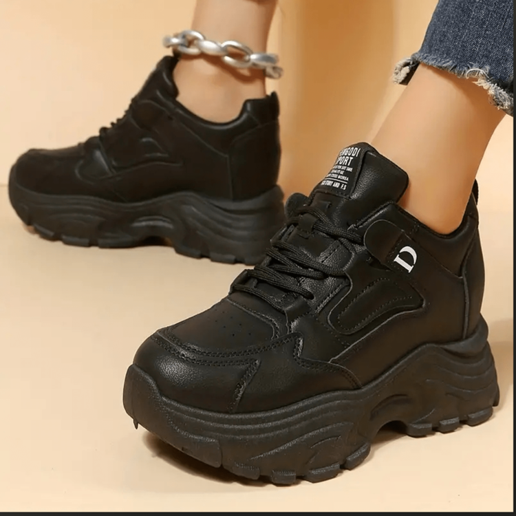 女士隐形坡跟运动鞋 2025 春秋新款时尚百搭低帮厚底休闲运动鞋 - 黑色 - 查看 10