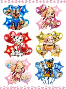 5pcs/Set Paw Patrol Theme Party Foil Balloon Set (Chase/Rubble Characters), Suitable For Birthday Decoration, Christmas Decor, Home Gifts, Christmas Ornaments - Multicolor - View 3
