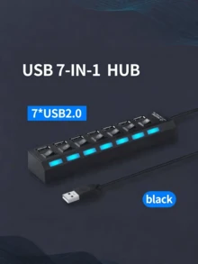 1 个 7 端口/4 端口 USB 2.0 集线器适配器、带 LED 灯的 USB 充电器、独立电源开/关开关、USB 底座、电源适配器、5V 1A USB 充电站，适用于电脑、平板电脑、笔记本电脑 - 黑色 - 查看 14