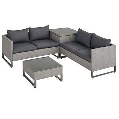  Outsunny 4 Pieces Rattan Garden Furniture Set, 4 Seater Garden Sofa Set With Storage Box, Loveseats And Glass Top Table, Wicker Outdoor Conservatory Furniture With Cushions For Outdoor, Patio, Grey