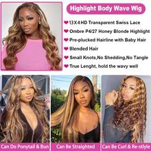 34英寸挑染波浪卷蕾丝前假发，混合发丝，预先拔毛，自然发际线带婴儿绒毛，200%密度，挑染波浪卷前假发，真人混纺发丝，13x4蜂蜜金波浪卷蕾丝前假发，适合日常佩戴 - S4/27 - 查看 7