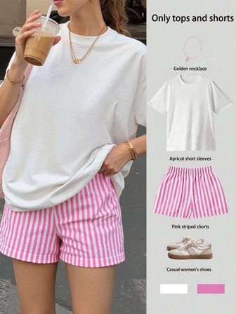 2 pcs Conjunto casual de 2 piezas de camiseta de manga corta lisa y pantalones cortos shorts bermuda para mujer en verano