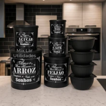 Kit Potes Para Mantimentos Cozinha Plástico 9 Peças Decorado - Preto - Visão 3