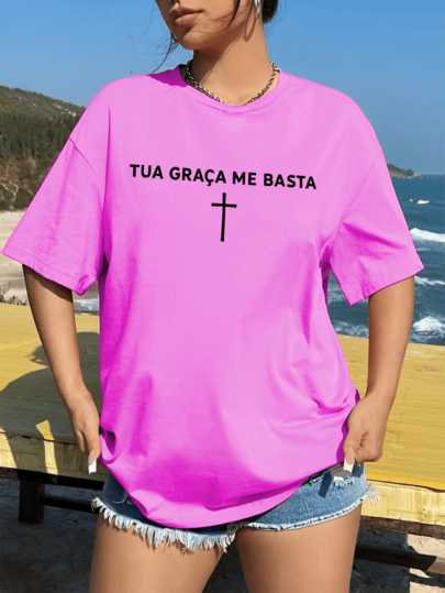 Camisa Camiseta Feminina 'Tua Graça Me Basta' Algodão 30.1 Manga Curta