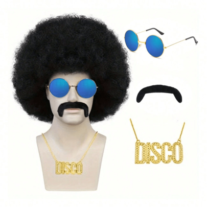 70s African Curly Synthetic Wig Wig For Men 70s Curly Wig Disco Party Disco Wig Short Black Curly Synthetic Wig Rocker Costume Wig + Wig Hat + Glasses + Beard + Necklace African Wig For Halloween Party