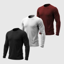 Kit 03 Men's Long Sleeve T-Shirt, Plain Cotton, Basic, Round Neck - Black White Wine - View 1