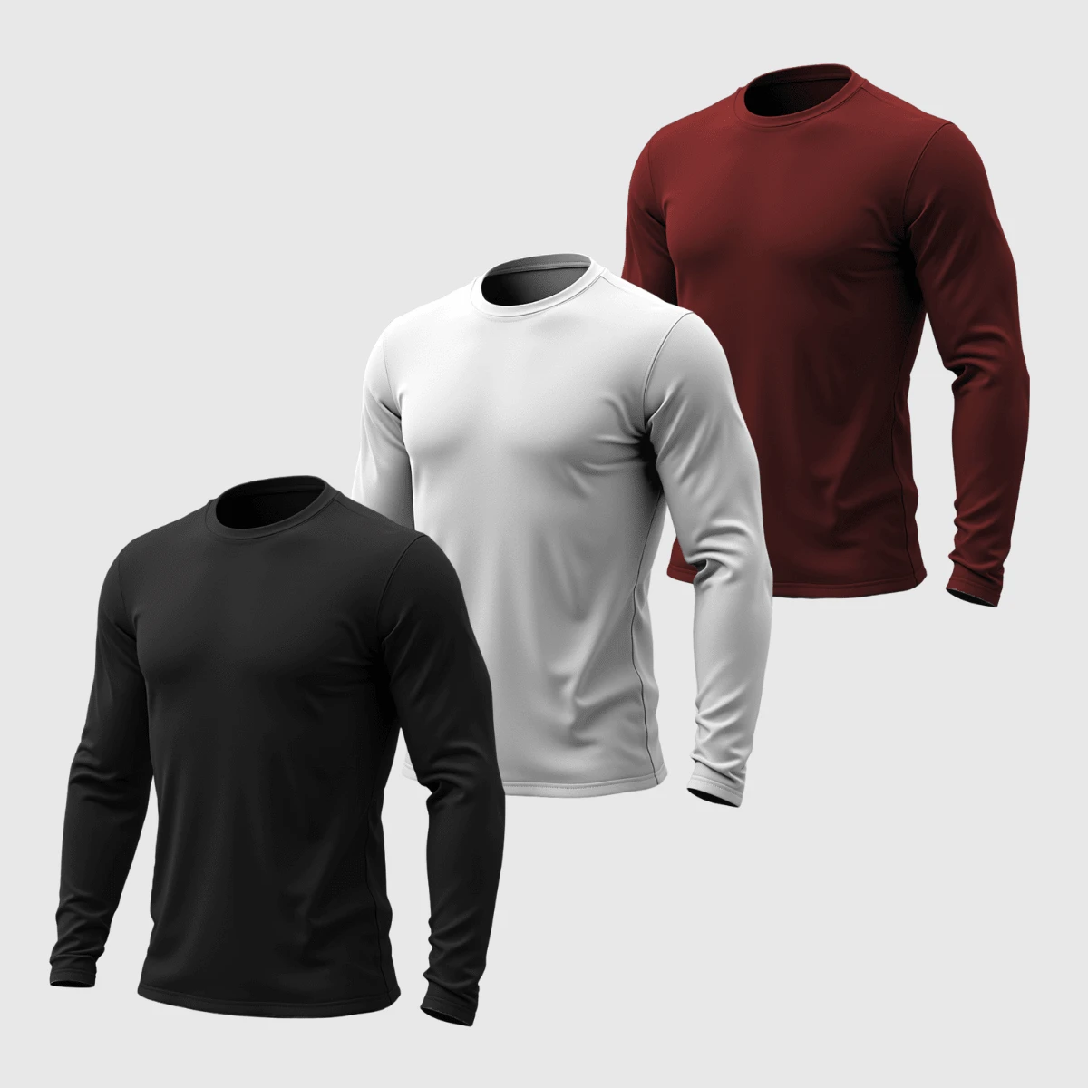 Kit 03 Men's Long Sleeve T-Shirt, Plain Cotton, Basic, Round Neck - Black White Wine - View 1