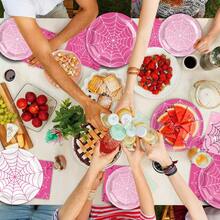 10 piezas Vajilla desechable de araña rosa de 7/9 pulgadas, bandeja redonda desechable para postres, vasos de papel, servilletas, adecuado para fiesta con tema de araña, fiesta de cumpleaños, fiesta familiar, fiesta con amigos, suministros para cena