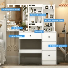 Vanity Desk With Lighted Mirror And Storage, 10 Lights Sliding LED Makeup Vanity Mirror 3 Color Modes And Brightness Adjustable, 4 Drawers Storage Vanity Table For Bedroom(White) - White - View 4