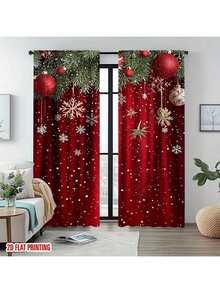 2 pezzi Tende natalizie con stampa piatta 2D di rami di pino e neve - Adatte per soggiorni, camere da letto, uffici, cucine, case vacanza, aggiungono stile e comfort (esclusi i pali) - Multicolore - Visualizzare 12