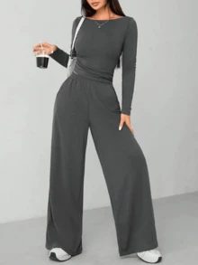 PETITE Autumn And Winter Women's Knitted Slim Top + Wide Leg Pants Casual And Comfortable Home Dark Gray Two Pieces Set, Cozy Outfit, Fall Clothes
