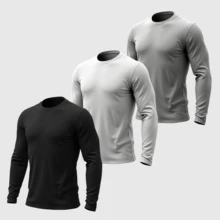 Kit 03 Men's Long Sleeve T-Shirt, Plain Cotton, Basic, Round Neck - Black White Gray - View 1