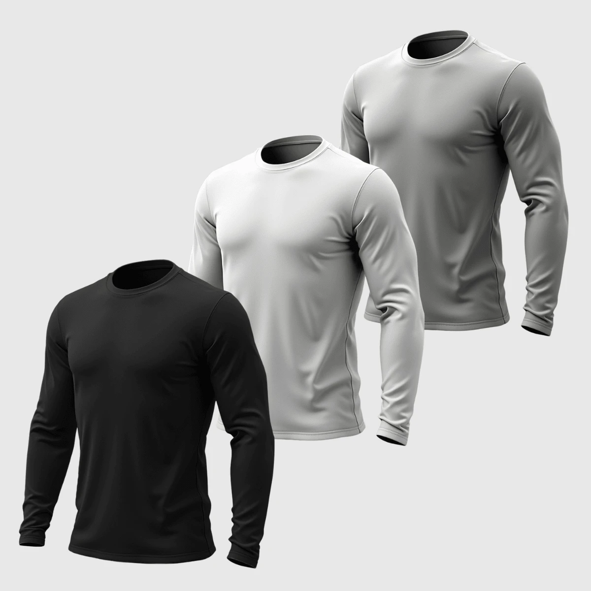 Kit 03 Men's Long Sleeve T-Shirt, Plain Cotton, Basic, Round Neck - Black White Gray - View 1