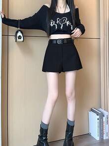 Gris traje corto de las mujeres otoño e invierno las mujeres de cintura alta delgada a-line pantalones de pierna ancha falda pantalones de arranque de fondo - Negro - Ver 2