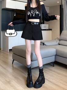 Gris traje corto de las mujeres otoño e invierno las mujeres de cintura alta delgada a-line pantalones de pierna ancha falda pantalones de arranque de fondo - Negro - Ver 4