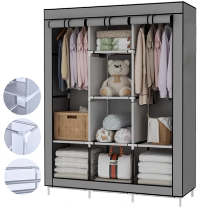 Lislark Fabric Wardrobe, Portable Wardrobe For Bedroom, Clothes Rail With Non-Woven Fabric Cover, Clothes Storage Organiser, 45 X 128 X 170 Cm, 8 Compartments, Metal Frame, Grey/Black