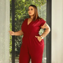 LIA ROSA Plus Size Jumpsuit For Everyday - Women's Elastex Strap V-Neck Wrap Jumpsuit - Redwood - View 6