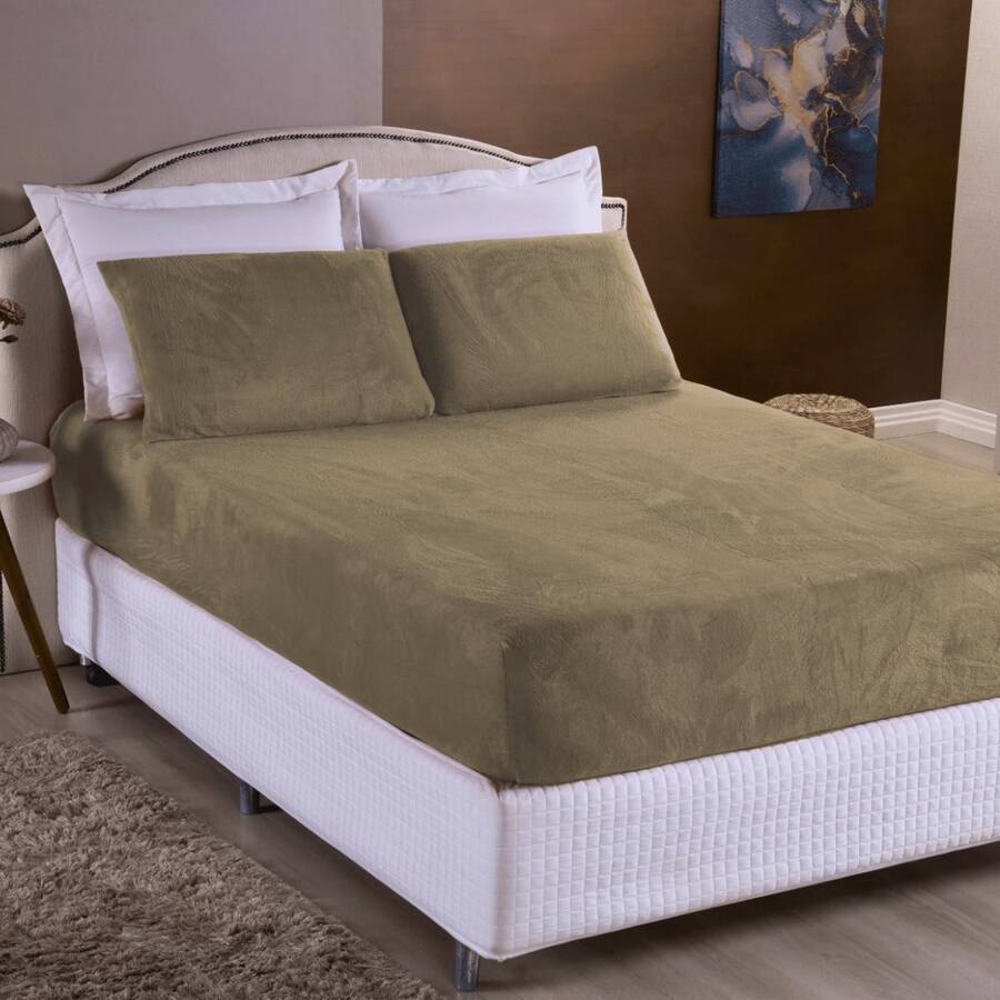 Plush Soft Blanket Sheet Set 3 Pieces King Size\Queen Size\Standard Double\Single - With Elastic - 卡其色 - 查看 1