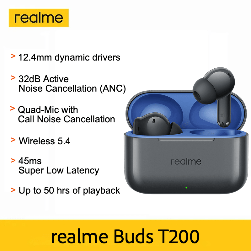 Realme Căști True Wireless Buds T200, difuzoare dinamice de bas de 12,4 mm, anulare activă a zgomotului de până la 32 dB, autonomie de până la 50 de ore, conectivitate 2.0 pentru două dispozitive, cadouri de Crăciun
