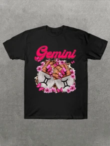 Women's Casual T-Shirt With Gemini Floral And Nails Graphic Comfortable And Soft Short-Sleeved T-Shirt, 100% Cotton, 220 G, Ideal For Spring And Summer, Unisex.