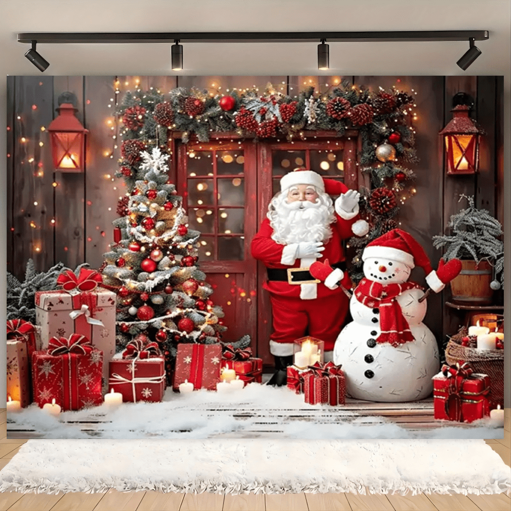 1 pieza Pancarta de fondo de puerta de madera rural de invierno, diseño de arco de Papá Noel, muñeco de nieve, árbol de Navidad, caja de regalo y vela, adecuado para decoración navideña durante las vacaciones, fiesta familiar de Navidad, decoración navideña del hogar, decoración de fiesta.