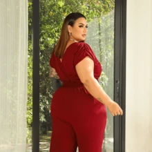 LIA ROSA Plus Size Jumpsuit For Everyday - Women's Elastex Strap V-Neck Wrap Jumpsuit - Redwood - View 5