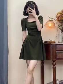 Temperamento de cuello cuadrado nuevo diseño de nicho en forma de pera, vestido dulce, picante y puro, niños vestidos de negro de verano - Verde - Ver 1