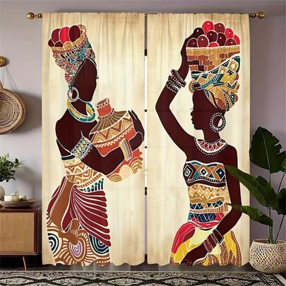 2 件非洲文化融合窗帘 - 3D 佩斯利印花搭配传统女性艺术，100% 涤纶薄纱窗帘，防褪色，可机洗，带杆袋，适用于卧室客厅门，波西米亚风格家居装饰
