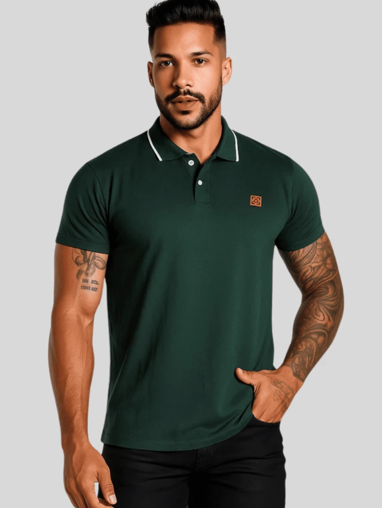 Camiseta Gola Polo Manga Curta Camiseta 100% Algodão Puro Tamanho P ao G3 Estilo casual minimalista Plus Size Slim Premium Confortável Primavera Verão Masculina - Verde Militar - Visão 1