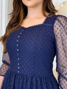 Long Tulle Dress 3/4 Sleeve Square Neckline Elegant Party - Màu xanh hải quân - Xem 4