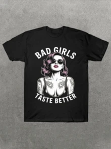 Women's Casual T-Shirt With "Bad Girls Taste Better" Tattooed Lady Graphic Comfortable And Soft Short-Sleeved T-Shirt, 100% Cotton, 220 G, Ideal For Spring And Summer, Unisex.