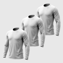 Kit 03 Men's Long Sleeve T-Shirt, Plain Cotton, Basic, Round Neck - White - View 1