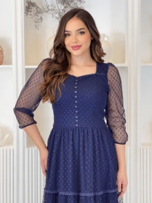 Long Tulle Dress 3/4 Sleeve Square Neckline Elegant Party - Màu xanh hải quân - Xem 3
