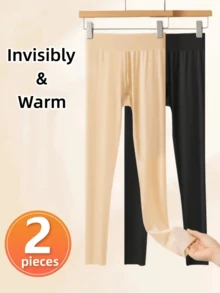 Calças térmicas ultrafinas, sólidas e sem costura, 2 peças, outono e inverno, cintura alta, justas, elásticas, roupa íntima feminina e pijamas