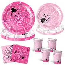 10 piezas Vajilla desechable de araña rosa de 7/9 pulgadas, bandeja redonda desechable para postres, vasos de papel, servilletas, adecuado para fiesta con tema de araña, fiesta de cumpleaños, fiesta familiar, fiesta con amigos, suministros para cena