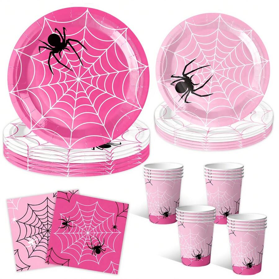10 piezas Vajilla desechable de araña rosa de 7/9 pulgadas, bandeja redonda desechable para postres, vasos de papel, servilletas, adecuado para fiesta con tema de araña, fiesta de cumpleaños, fiesta familiar, fiesta con amigos, suministros para cena