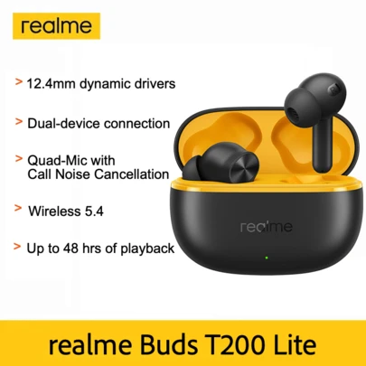Realme Buds T200 Lite, True Wireless In-Ear Earphones, 12.4mm Dynamic Driver, Up To 48H Battery Life, 45ms Latency, Noise Cancellation(ENC), Wireless 5.4, Christmas Gifts/Presents