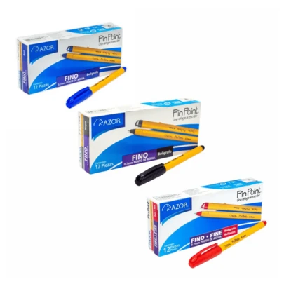 3 Cajas de Plumas Azor Pin Point 0.7mm – Negra, Azul y Roja, 12 Piezas por Color (36 Plumas en Total), Bolígrafos de Tinta Fluida y Secado Rápido, Escritura Suave y Precisa con Punta Fina, Plumas Ergonómicas para Escuela, Oficina y Uso Diario, Set de Bolígrafos de Alta Calidad para Notas, Firmas, Documentos y Tareas