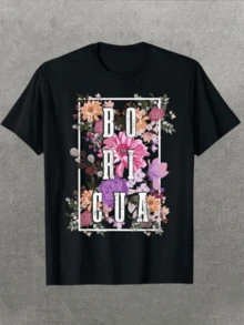 Women's Casual T-Shirt With "Boricua" Floral Frame Graphic Comfortable And Soft Short-Sleeved T-Shirt, 100% Cotton, 220 G, Ideal For Spring And Summer, Unisex.