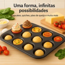 Forma para 12 Cupcakes Em Aço Carbono com antiaderente 35 x 26 x 3 Cm - Preto - Visão 1