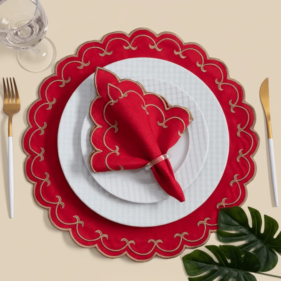 Placemat Kit, Embroidered Placemat, Round/Rectangular Table Placemat And Napkins - 斯巴達紅 - 查看 1