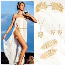 4 件/3 件希腊女神风格服装和配饰套装，包括叶形皇冠、头带、手镯、耳环、新娘头饰万圣节 - 金色 - 查看 11