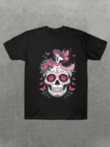 Women's Casual T-Shirt With Sugar Skull And Fairy Graphic Comfortable And Soft Short-Sleeved T-Shirt, 100% Cotton, 220 G, Ideal For Spring And Summer, Unisex.