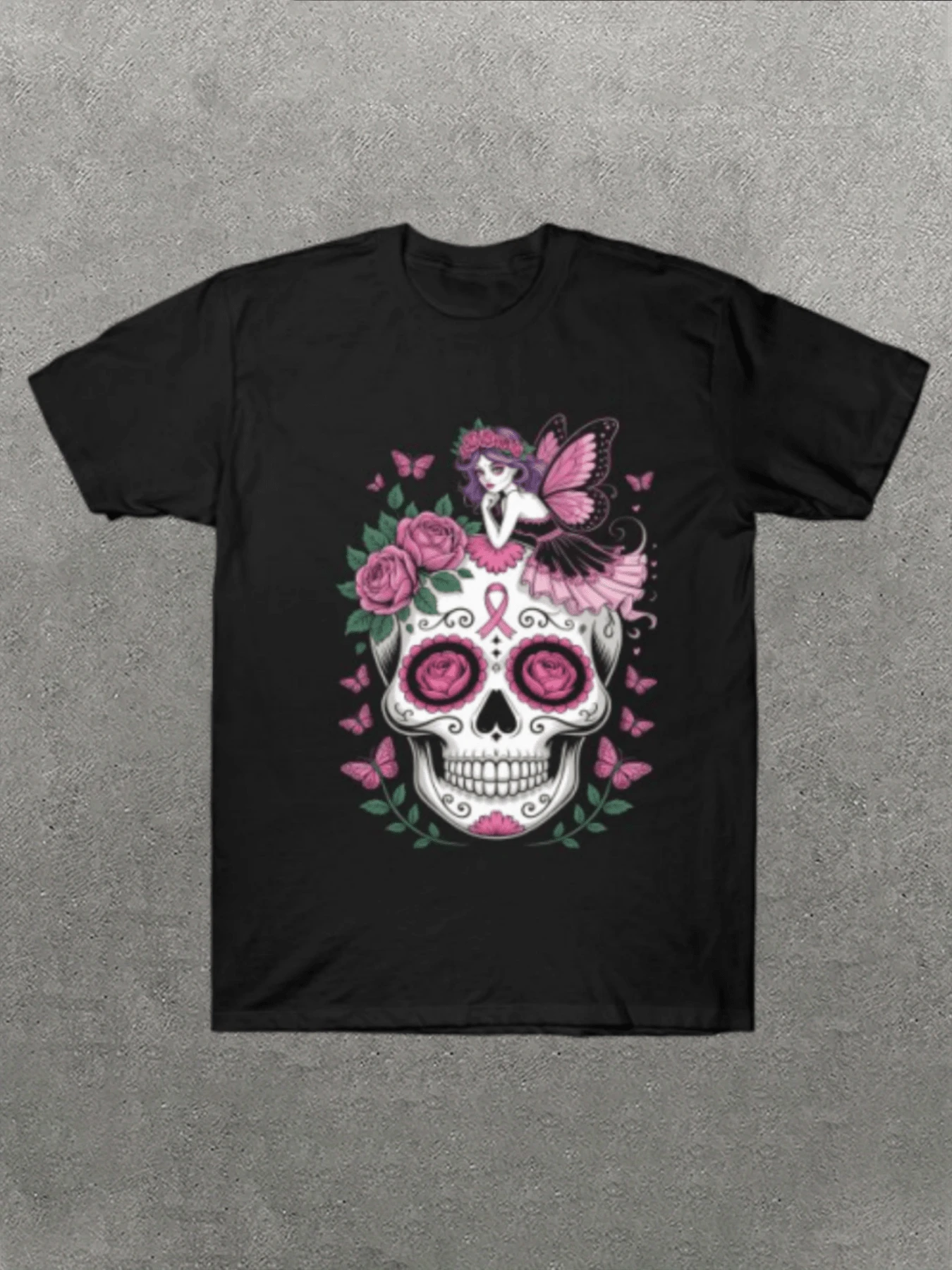 Women's Casual T-Shirt With Sugar Skull And Fairy Graphic Comfortable And Soft Short-Sleeved T-Shirt, 100% Cotton, 220 G, Ideal For Spring And Summer, Unisex.