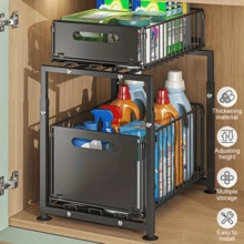 Lislark 2-Tier Pull Out Basket Under Sink Kitchen Cupboard Organiser Drawer Storage Rack Black - Black - View 3
