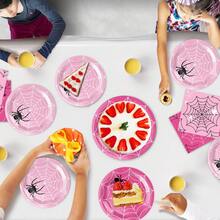 10 piezas Vajilla desechable de araña rosa de 7/9 pulgadas, bandeja redonda desechable para postres, vasos de papel, servilletas, adecuado para fiesta con tema de araña, fiesta de cumpleaños, fiesta familiar, fiesta con amigos, suministros para cena