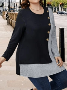 Áo thun dài tay cổ tròn dáng rộng, thời trang, phối màu độc đáo với hàng cúc phía trước. - Xám đậm - Xem 4