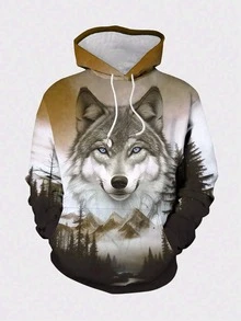 休闲狼图案数码印花男士连帽衫，秋冬新款抽绳袋鼠口袋连帽卫衣，街头运动装 - 彩色 - 查看 8